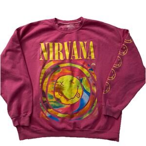 Nirvana Smiley Face Oversized Crewneck Sweatshirt Green Graphic Sleeve S/M